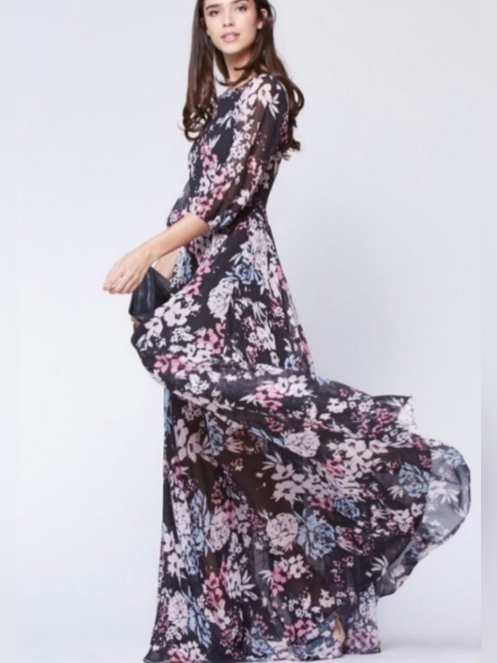 Yumi Kim Black Floral Maxi Dress with Pink & Blue Blossoms